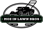 Moe In Lawn Bros lawn care logo with black mower, green accents, and EST 2026