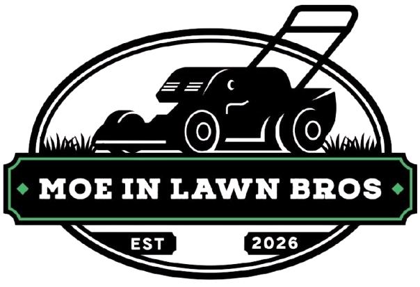 Moe In Lawn Bros lawn care logo with black mower, green accents, and EST 2026