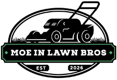 Moe In Lawn Bros lawn care logo with black mower, green accents, and EST 2026