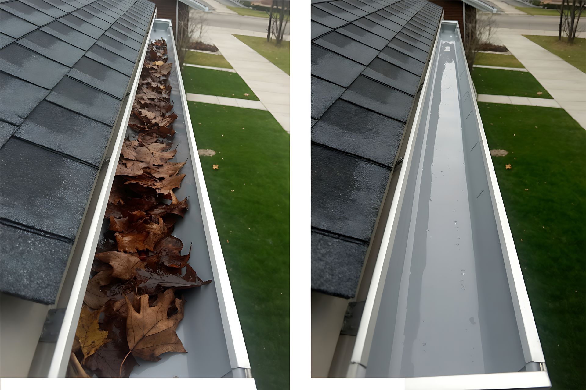 Gutter before and after cleaning, with leaves removed from a roof gutter near a walkway.