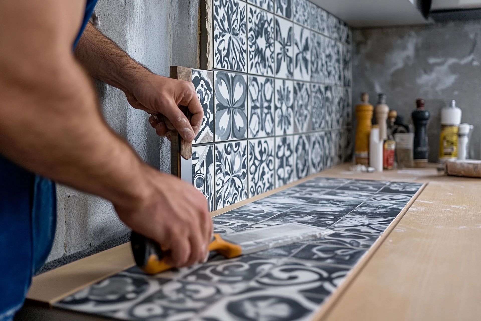 A man is installing tiles on a kitchen counter.