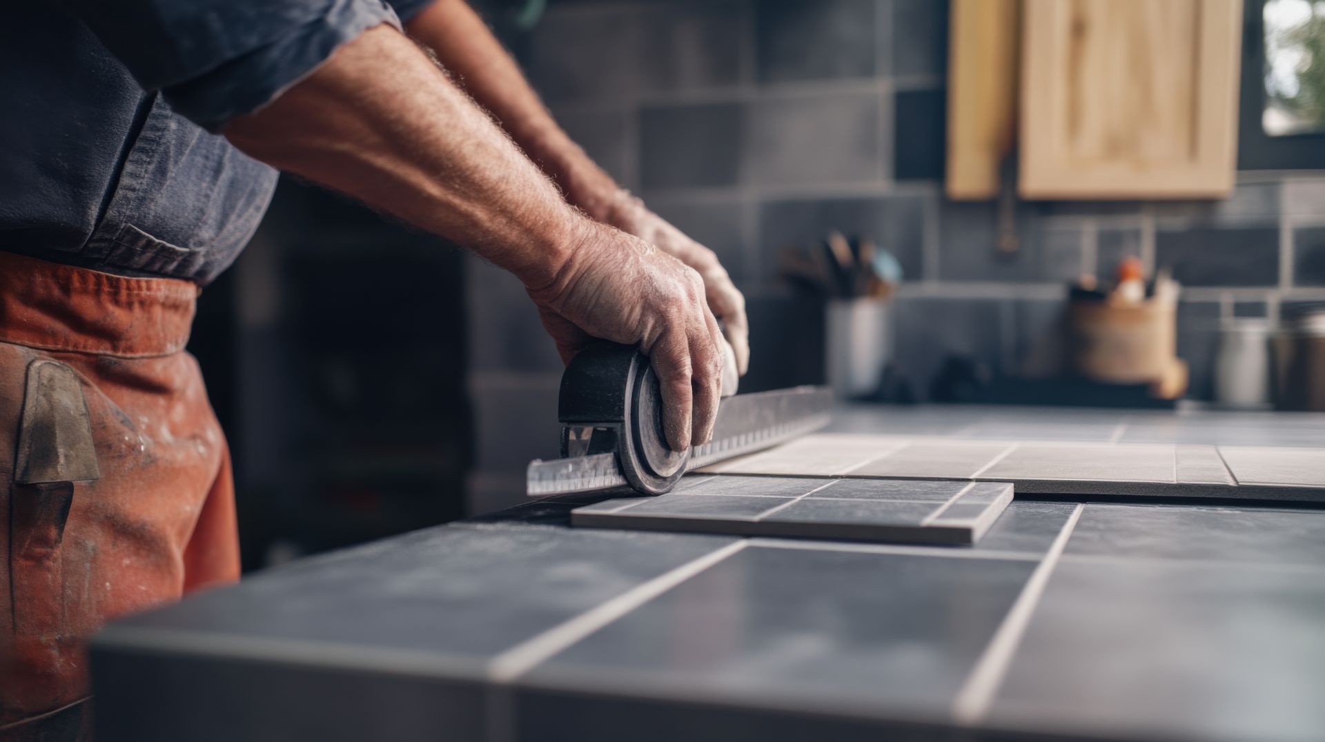 A man is cutting tiles with a grinder on a kitchen counter.