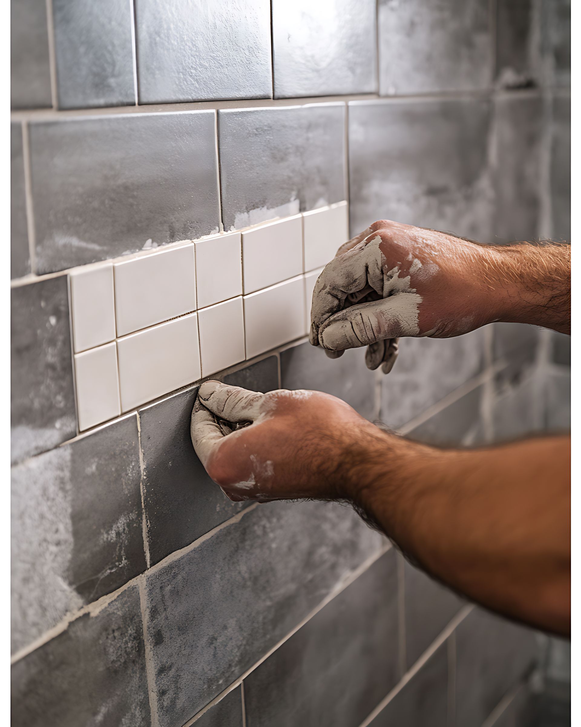 A person is laying tiles on a wall with their hands.