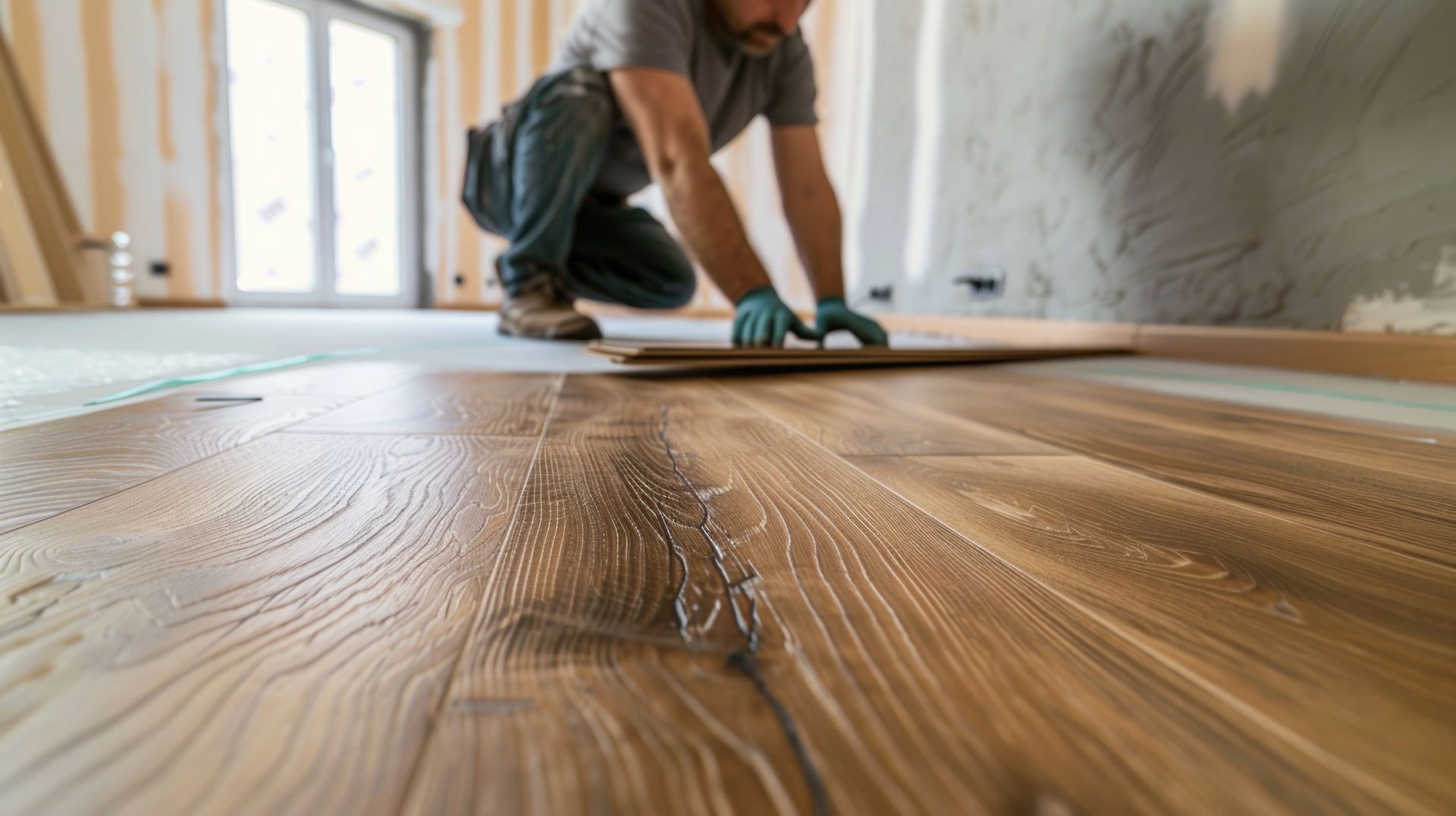 A man is installing a wooden floor in a room.