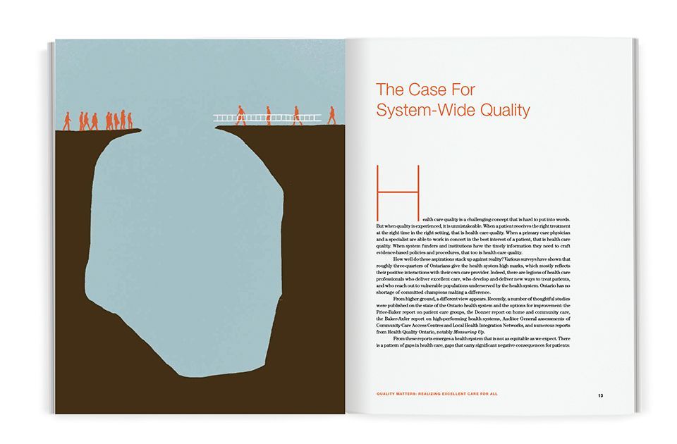 First chapter spread with an illustration of tiny figures  using a ladder to bridge a chasm