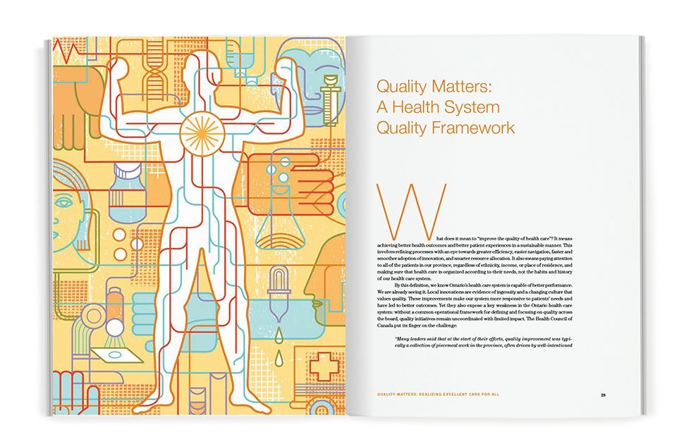 Second chapter spread with an illustration of a muscular figure connected with medical imagery