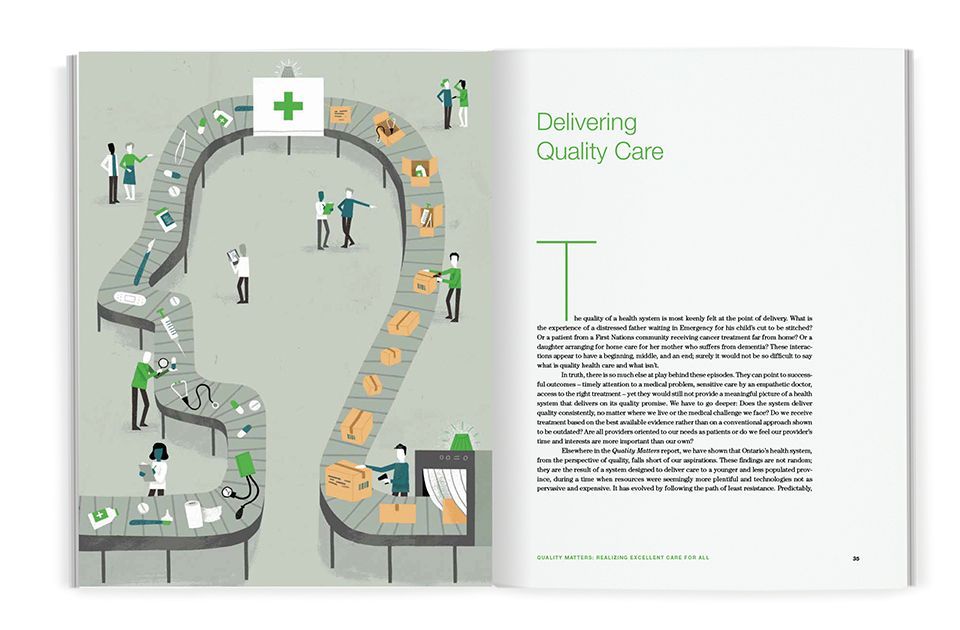 Third chapter spread with an illustration of a conveyor belt  in shape of human head