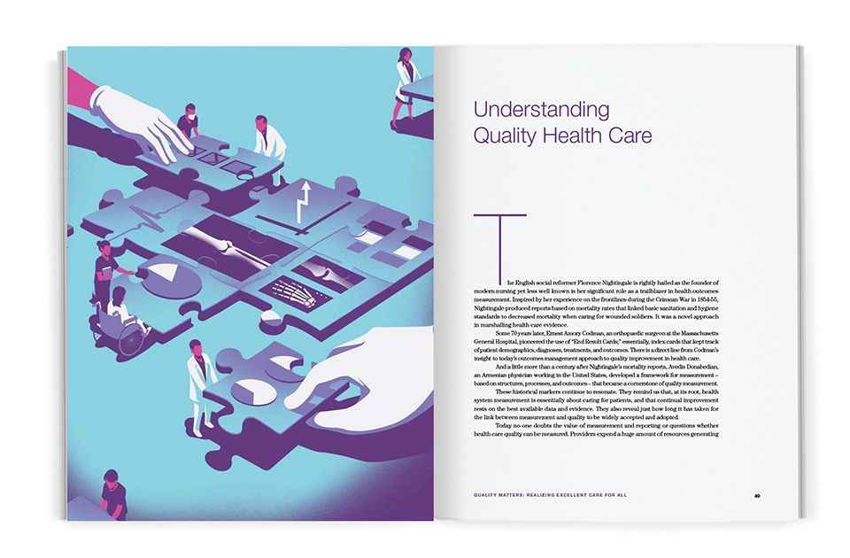 Fourth chapter spread with an illustration of puzzle pieces with medical imagery