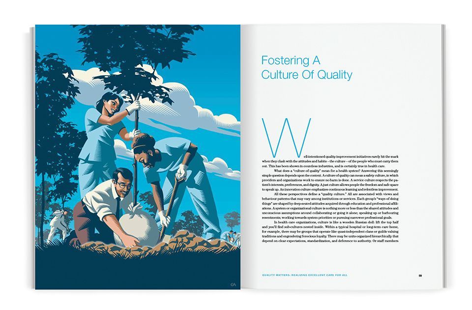 Fifth chapter spread with an illustration of doctors and nurses planting trees