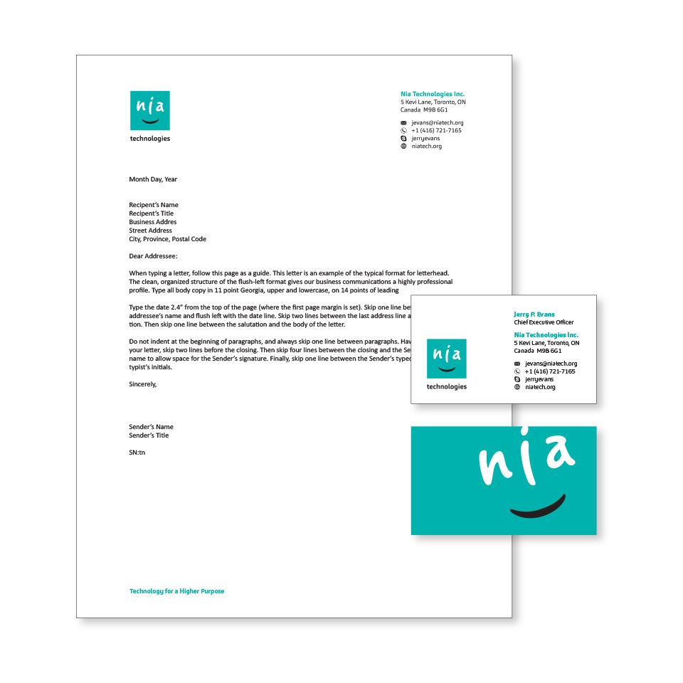 Nia Technologies letterhead and business card