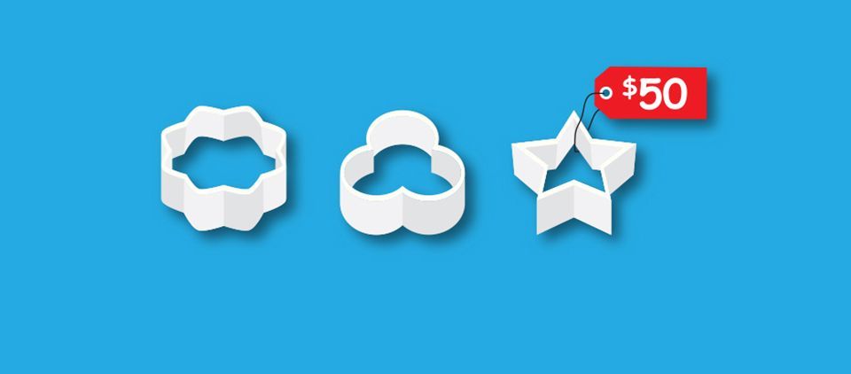Illustration of three cookie cutters with one having a $50 price tag