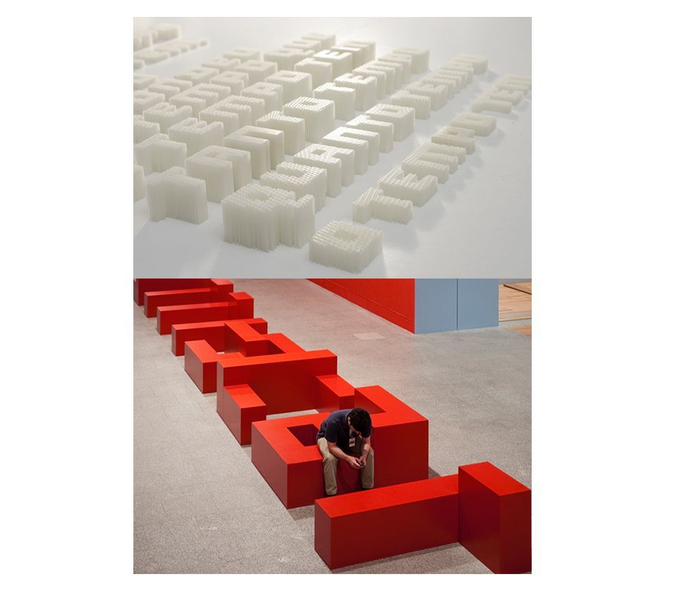 3D letterforms used in art installation and as furniture