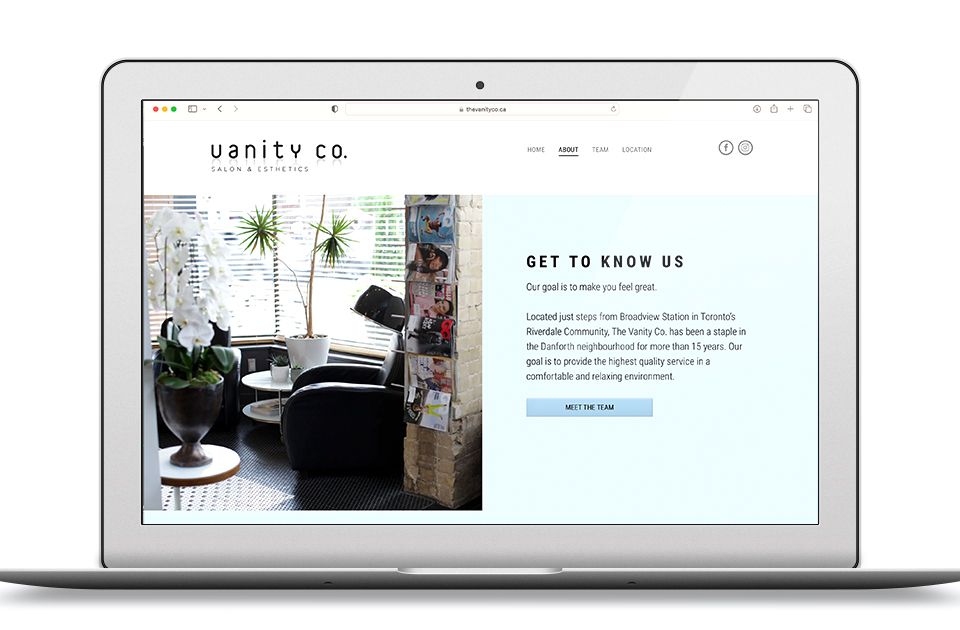 Interior page of Vanity Co. website