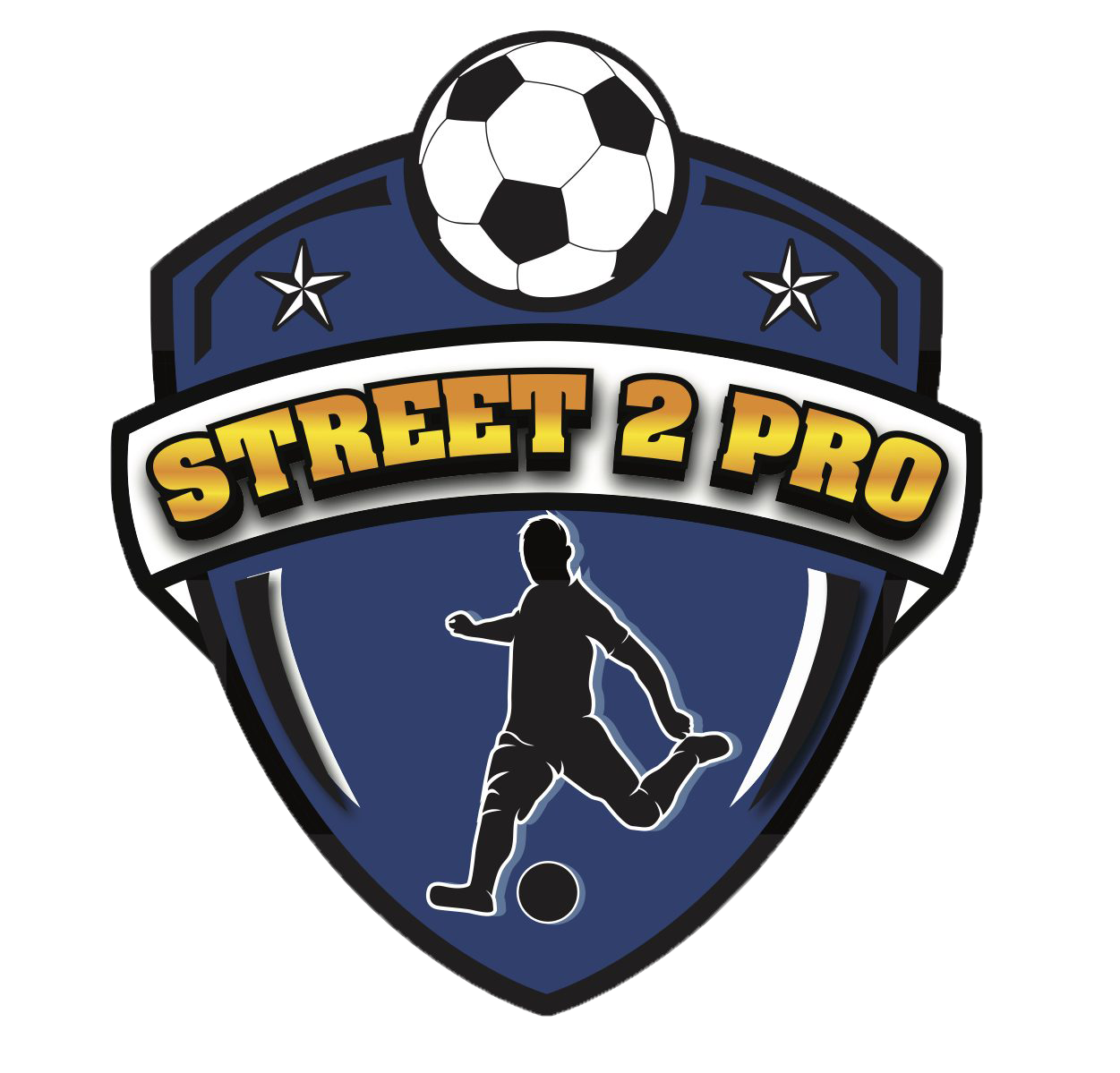Street 2 Pro soccer logo with blue shield, ball, and silhouetted player