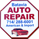 Sign for Batavia Auto Repair with phone number, red car, white, red, and blue text.