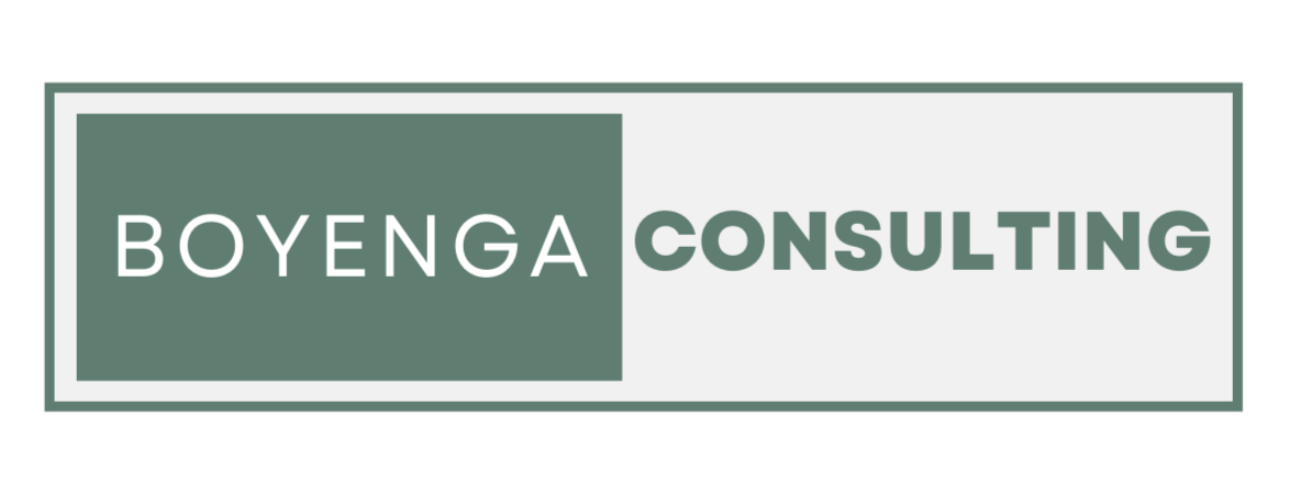 Logo for Boyenga Consulting, with text "BOYENGA" in white on a green rectangle, and "CONSULTING" in gray text.