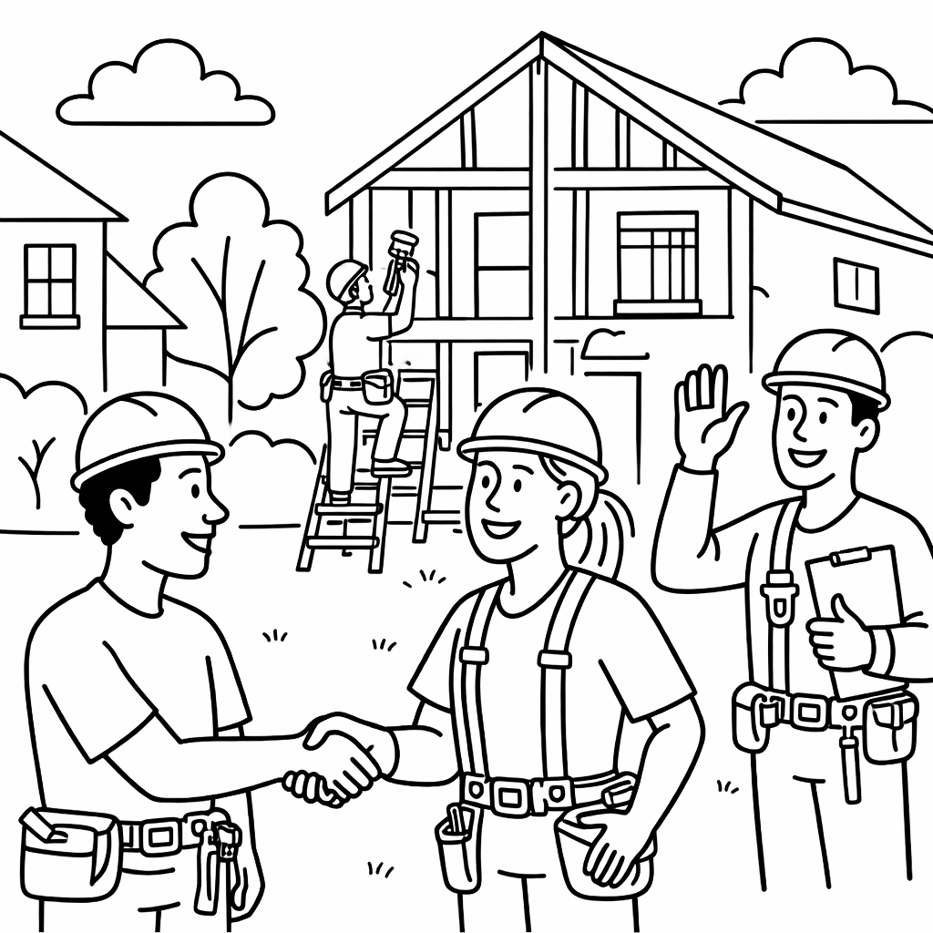 Black and white line illustration of contractors and homeowners working together on a home renovatio