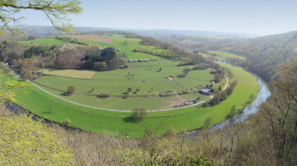 Een luchtfoto van een rivier die door een weelderige groene vallei stroomt, omgeven door bomen.