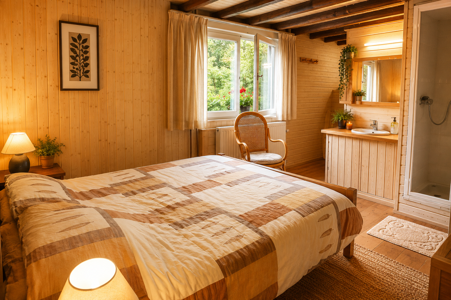 Groepsaccomodatie ardennen met 8 slaapkamers Een houten slaapkamer met twee bedden en een kledingkast.