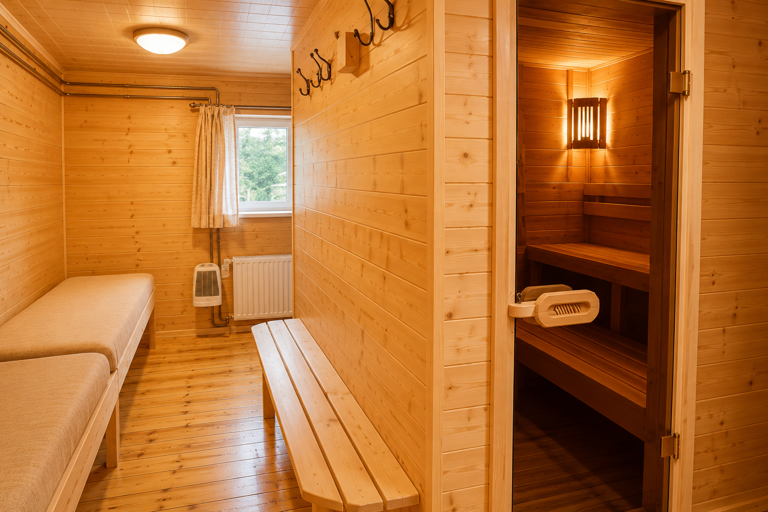 Groepsaccomodatie ardennen met sauna Een houten sauna met een emmer en een lamp aan de muur.