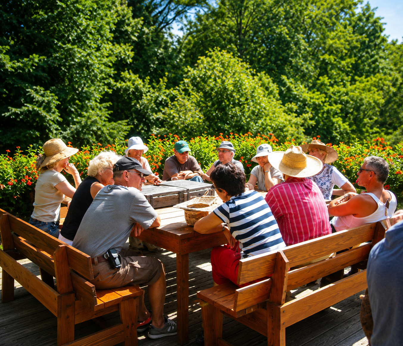 groepsaccomodatie ardennen Een groep mensen zit rond een tafel in een park.