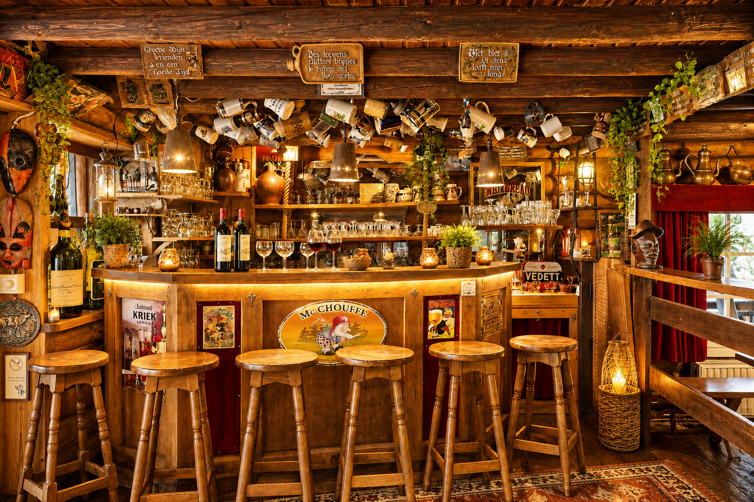 Groepsaccomodatie ardennen met bar Een houten bar met krukken en flessen erop