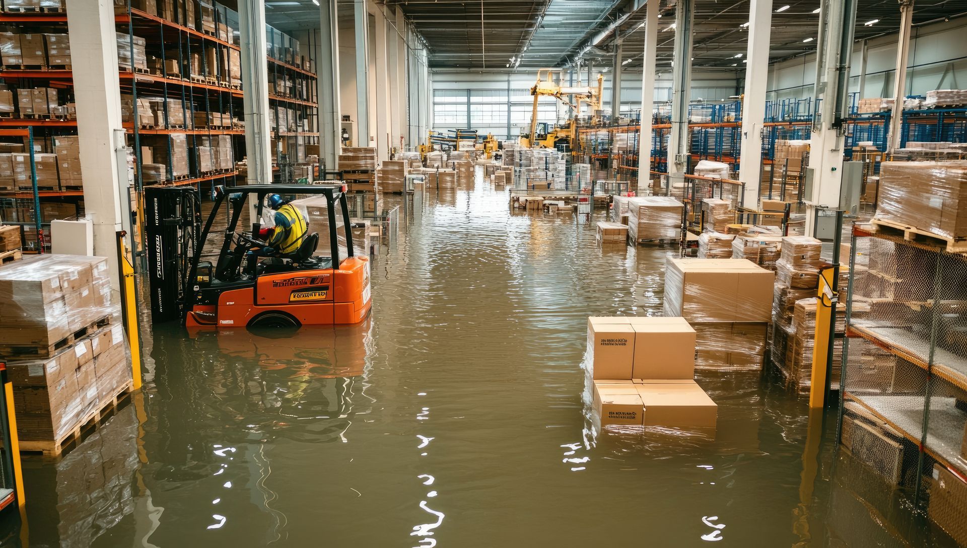 Warehouse flooded with murky water; forklift operator in cab surrounded by floating boxes and shelving units.
