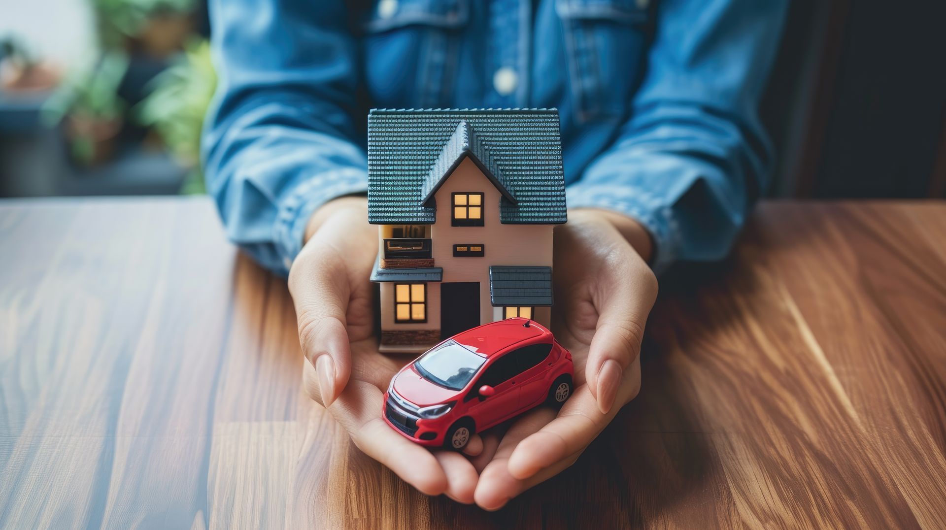 Hands holding a model house and a red car on a wooden surface.