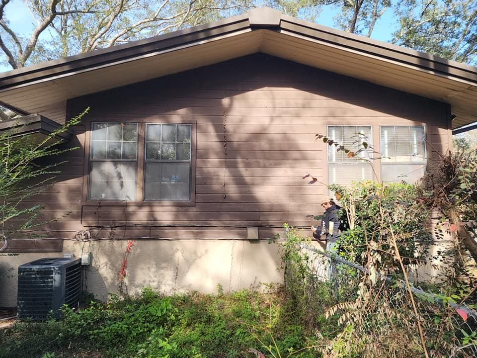 Brown house with two windows and an overgrown yard.