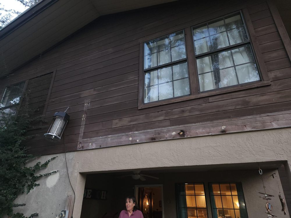 Brown house with exposed wood beams and two windows, woman in foreground.
