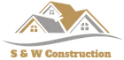 Logo for S & W Construction with roof silhouettes, a curved line, and text in brown against a white background.