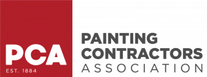 PCA logo with red square and gray text reading Painting Contractors Association, est. 1884