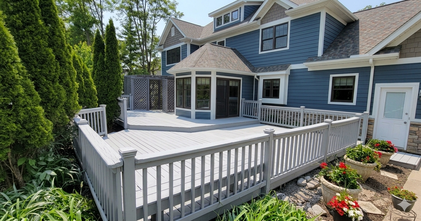 White fenced patio beside a blue house with sliding glass doors and flower beds, surrounded by trees.