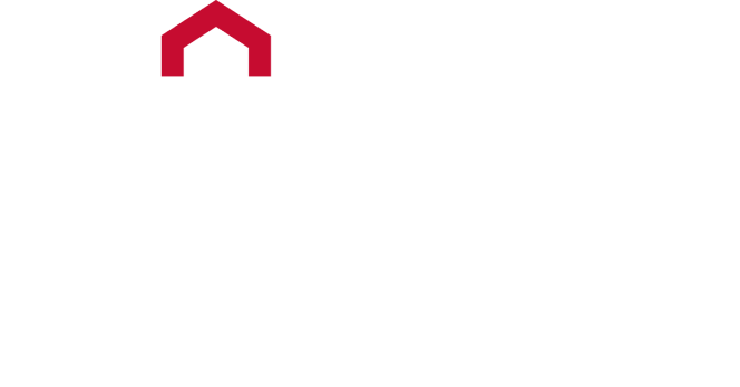 Logo rouge en forme de maison sur fond blanc