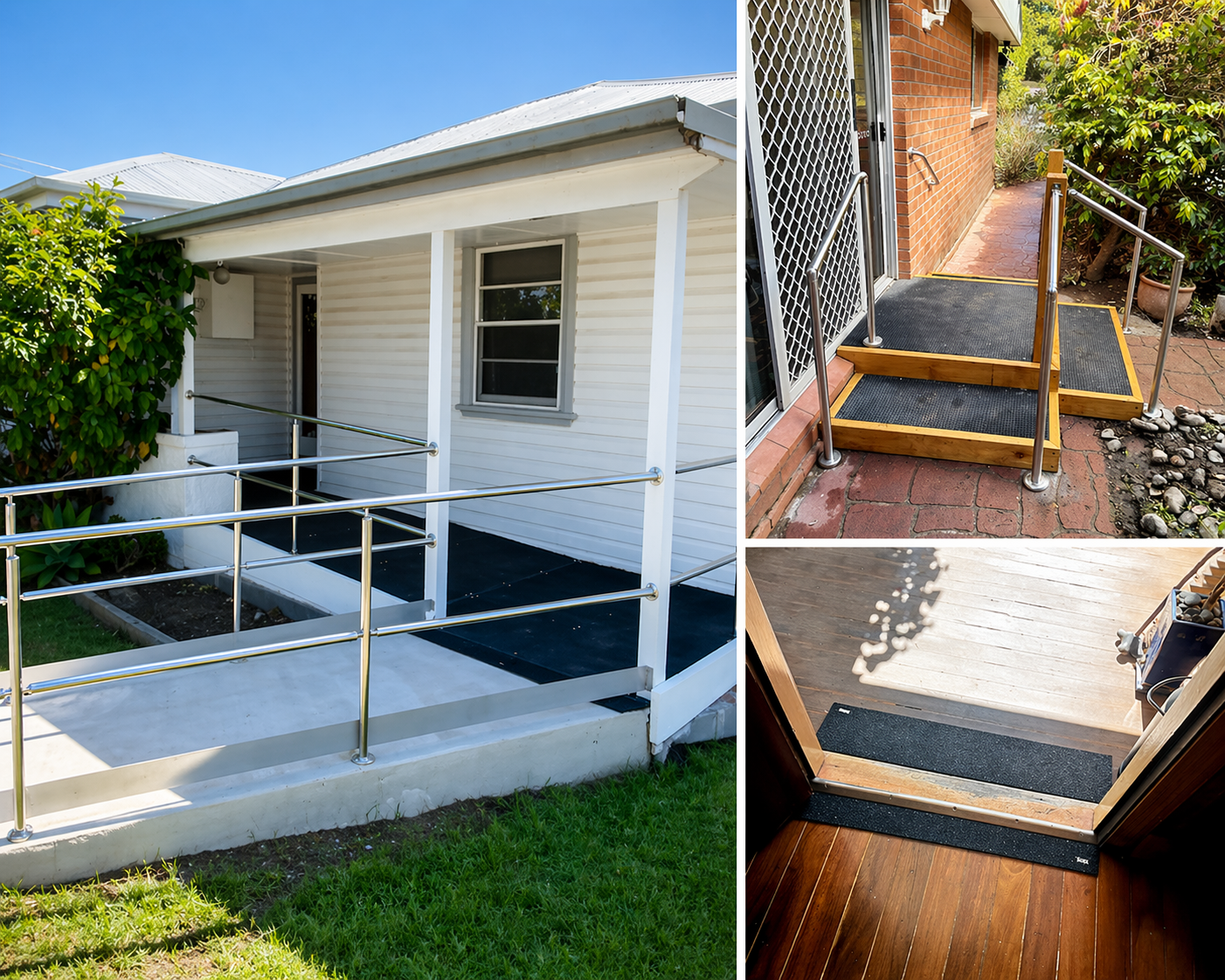 Accessible front porch with ramp and handrails on a white house; inset close-ups of steps and threshold ramp — BK Building Services Pty Ltd In Forster, NSW
