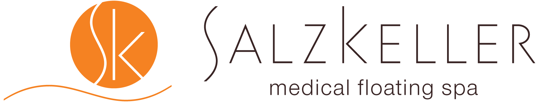 Logo für das medizinische Floating-Spa Salz Keller, orangefarbener Kreis mit den Initialen „SK“, gefolgt vom Text „SALZ KELLER“.