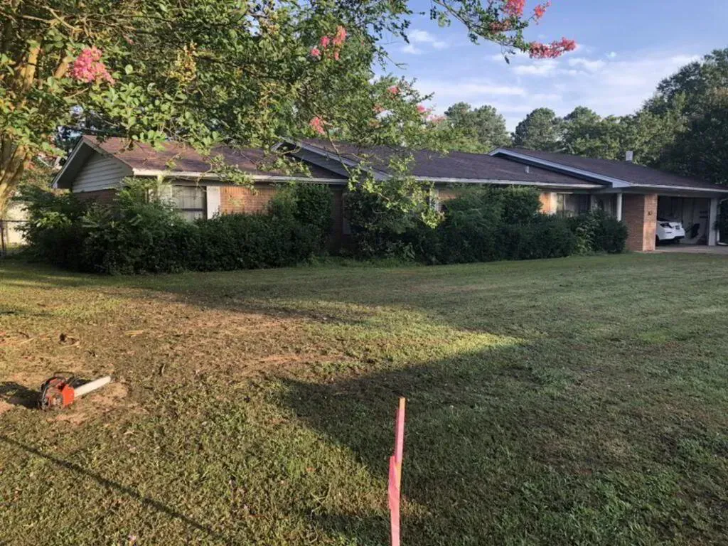 A one-story brick house with a green lawn and overgrown bushes. A car is parked in the carport.