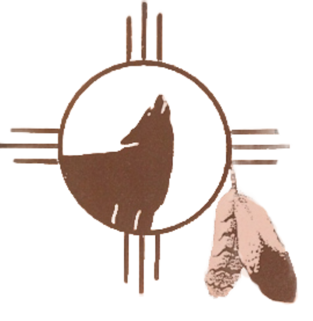 Brown wolf logo inside a circle with tribal lines and a feather on the right