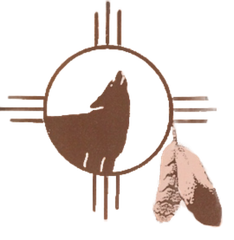 Brown wolf logo inside a circle with tribal lines and a feather on the right