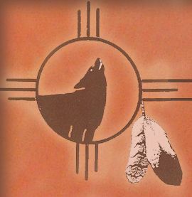 Black wolf silhouette in a circle with orange background and hanging white feather
