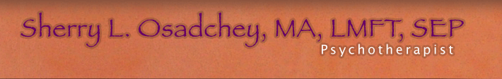 Business card text on a brown background: “Sherry L. Osadchey, MA, LMFT, SEP, Psychotherapist”
