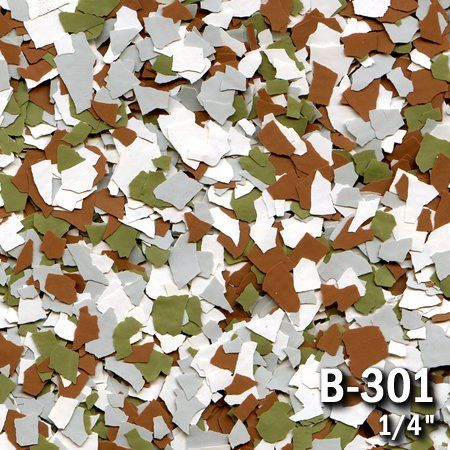 Close-up of a speckled flooring sample. White, brown, gray, and green flakes are scattered. 