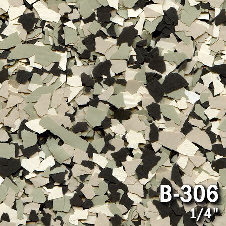 Floor coating flakes, tan, gray, black, and cream, labeled 