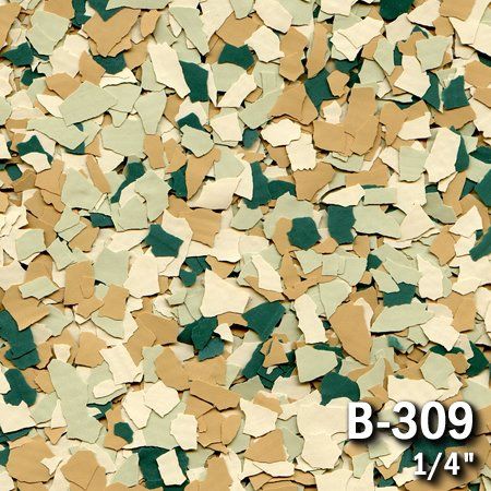 Floor coating flakes in tan, green, and cream colors, with 