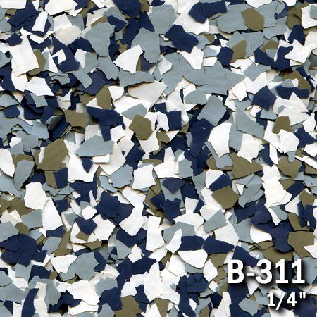 Close-up of speckled floor flakes: blue, gray, white, and olive green, labeled B-311, 1/4 inch.