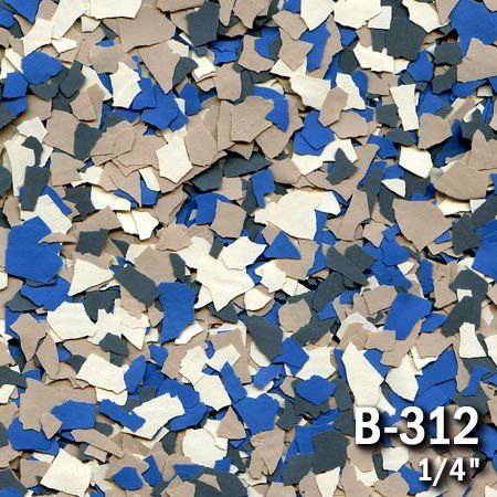 Close-up of a speckled flooring flake pattern, with blue, gray, beige, and white colors.