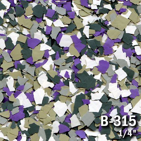 Close-up of multicolored decorative floor flakes: purple, green, white, gray. B-315, 1/4