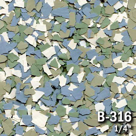 Flake floor coating with a camouflage pattern of blue, green, beige, and white.
