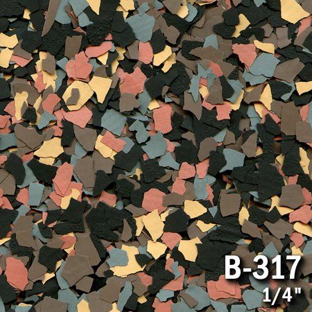 Close-up of multicolored floor flakes in black, tan, blue, and red-brown. Label: B-317, 1/4