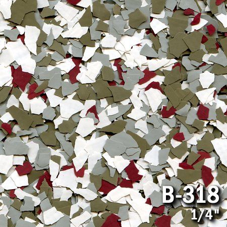 Floor coating flakes, B-318, with white, gray, olive, and maroon chips.